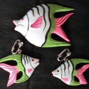 Earrings Pierced/Clip On + Matching Brooch Pin Tropical Fish Costume Jewelry NEW
